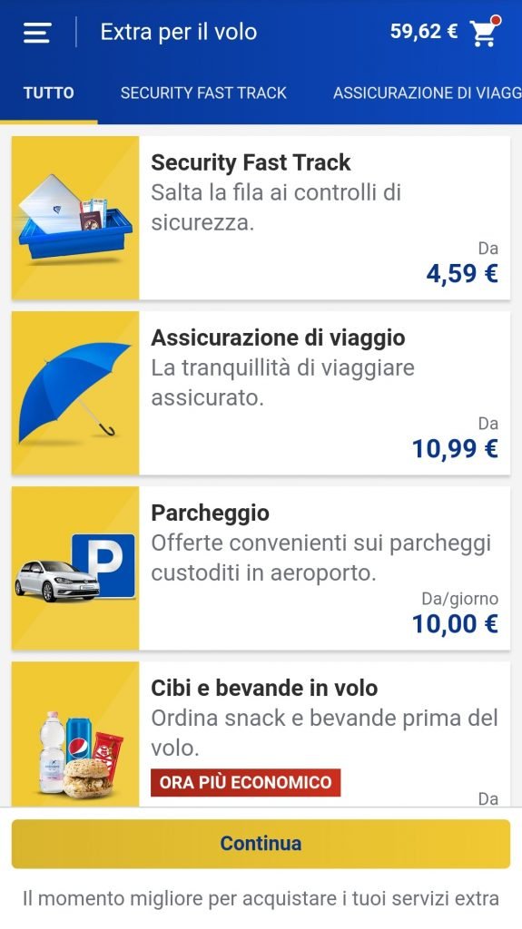 schermata-che-indica-le-opzioni-acquistabili-per-il-viaggio-aereo
