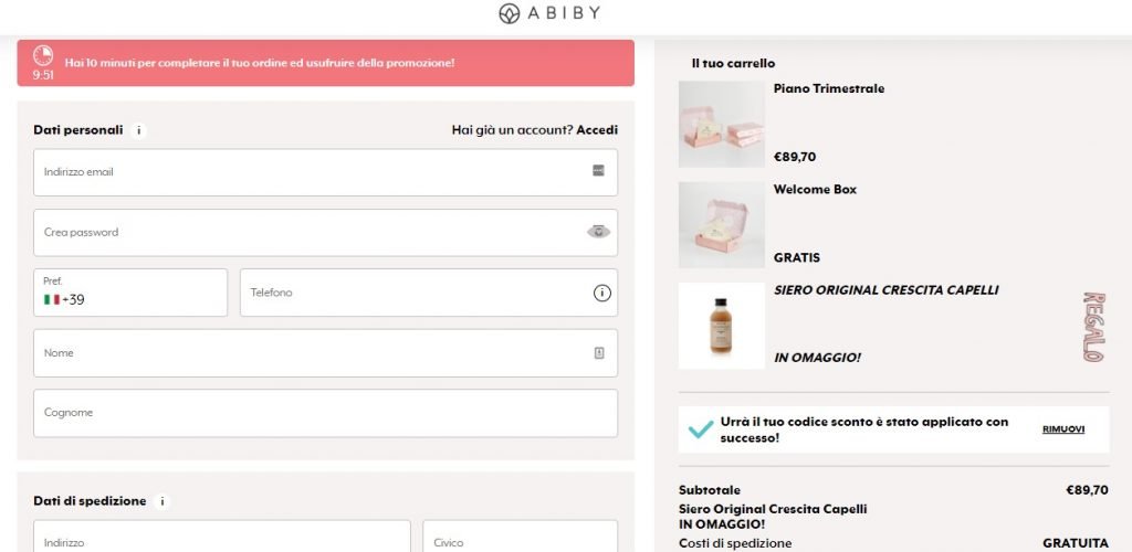 pagina checkout acquisto Abiby beauty box