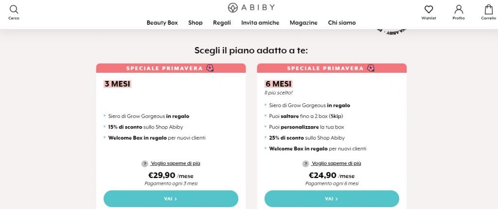 descrizione pacchetti Abiby beauty box ad abbonamento