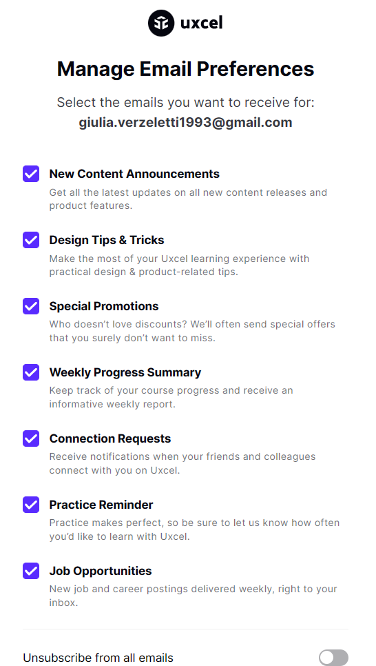 uxcel-preference-center-esempio-disiscrizione